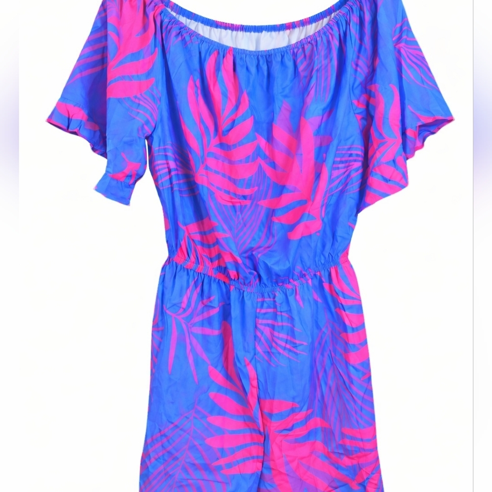 Cupshe Tropical Blue Pink Island Beach Boho Romper Ruffle Sleeves Sz Medium